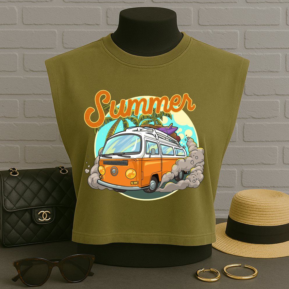 Summer Retro Van Tropical Garment-Dyed Women's Muscle Tee