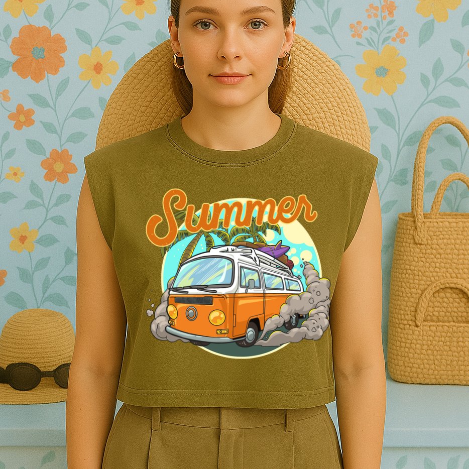 Summer Retro Van Tropical Garment-Dyed Women's Muscle Tee