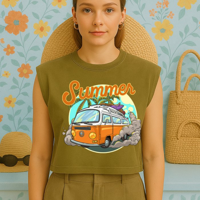 Summer Retro Van Tropical Garment-Dyed Women's Muscle Tee