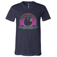 Sloth Retro Vintage 70s Sloths Lazy Hiking Running Team Funny V-Neck T-Shirt