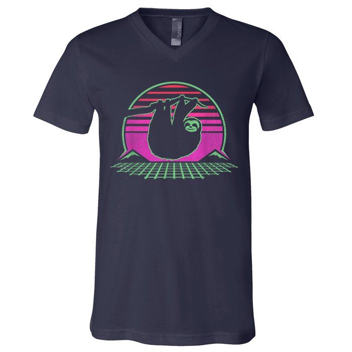 Sloth Retro Vintage 70s Sloths Lazy Hiking Running Team Funny V-Neck T-Shirt