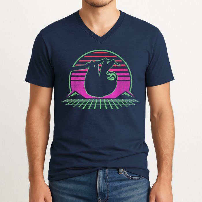 Sloth Retro Vintage 70s Sloths Lazy Hiking Running Team Funny V-Neck T-Shirt