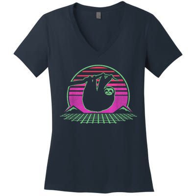 Sloth Retro Vintage 70s Sloths Lazy Hiking Running Team Funny Women's V-Neck T-Shirt