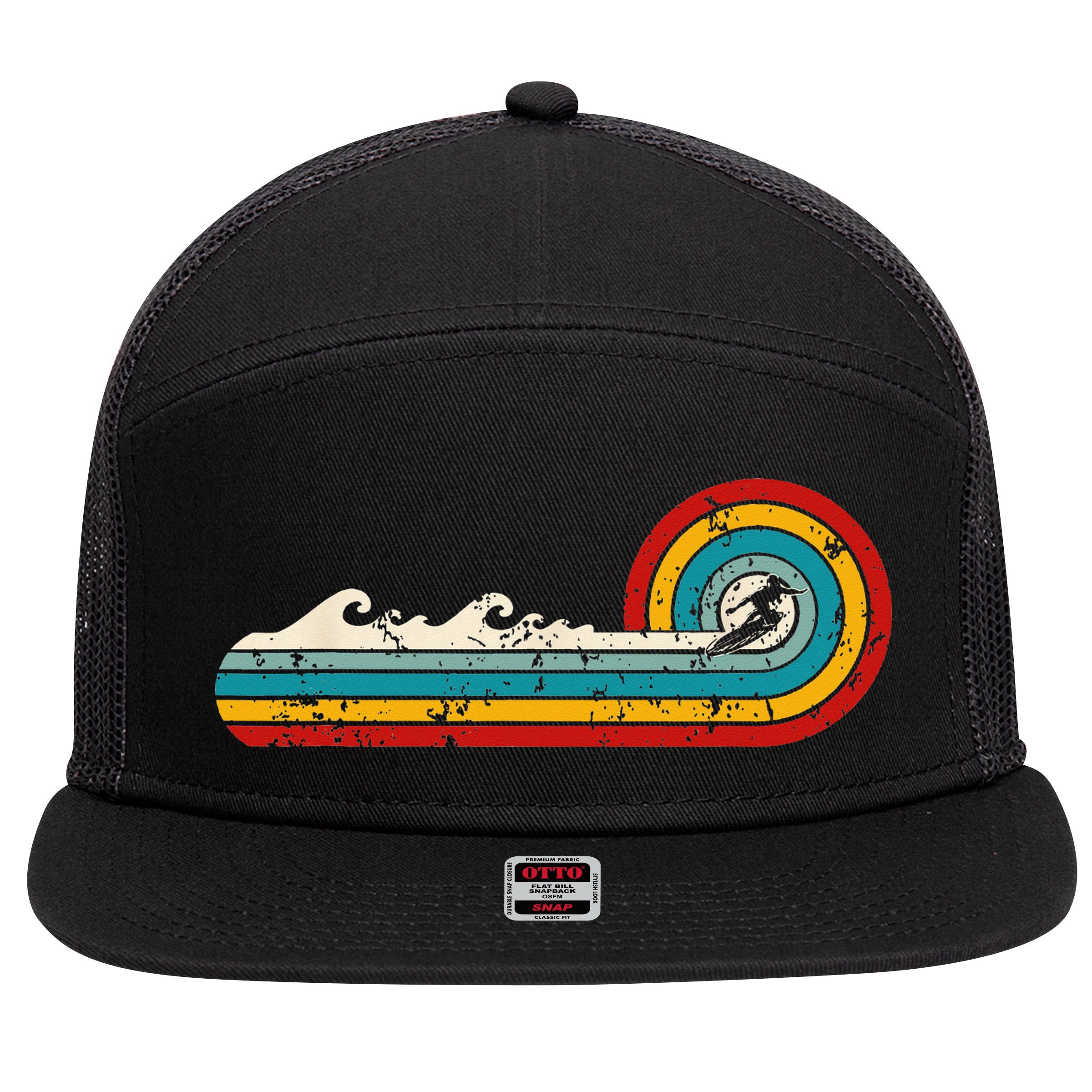 Surfer Ride Waves Beach Summer Gifts Surfing Retro Vintage 7 Panel Mesh Trucker Snapback Hat