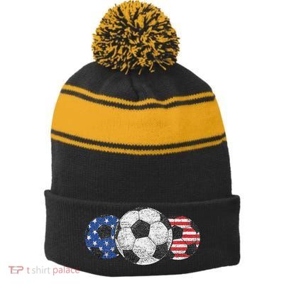 Soccer Red White Blue American Flag 4th Of July Stripe Pom Pom Beanie