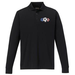 Soccer Red White Blue American Flag 4th Of July Performance Long Sleeve Polo