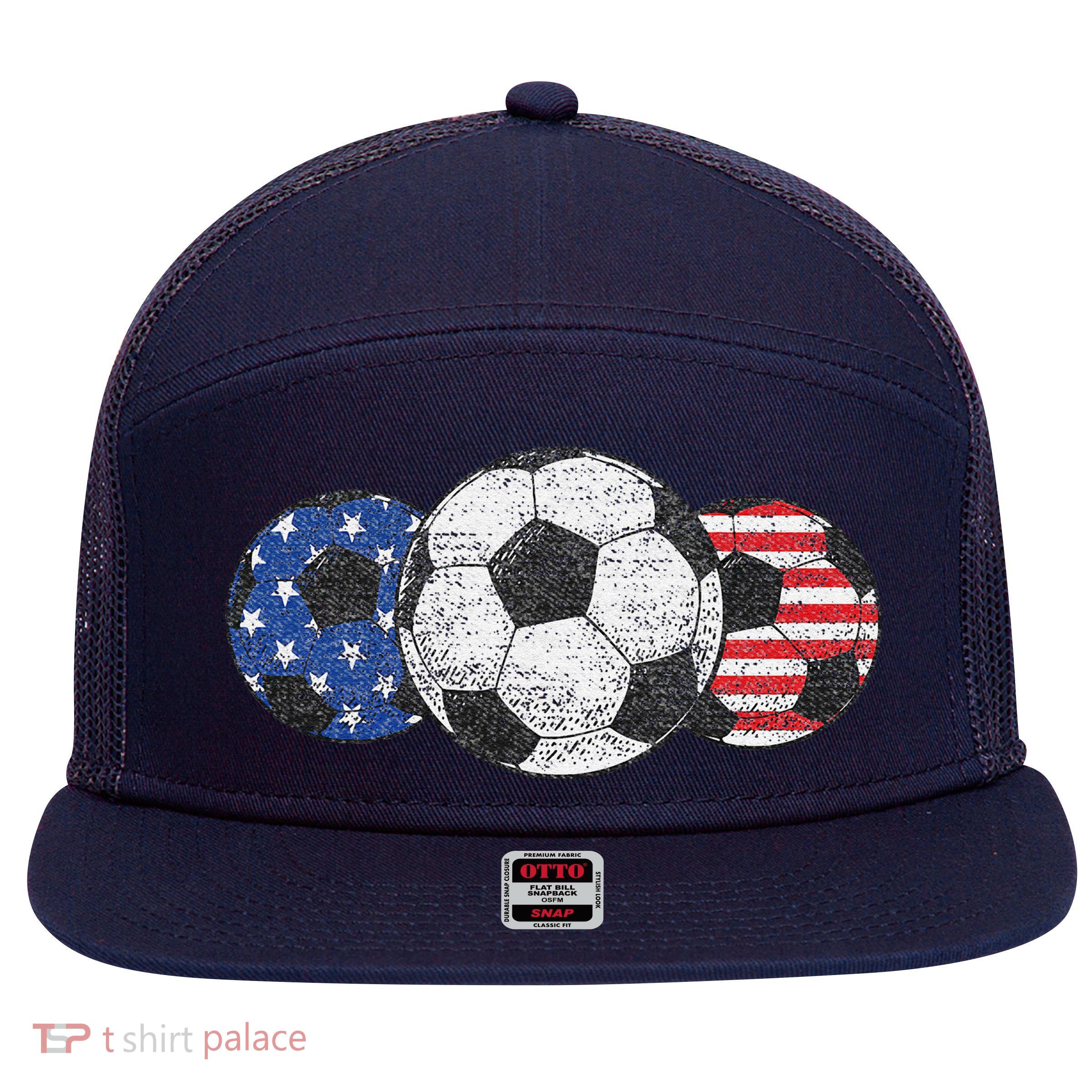 Soccer Red White Blue American Flag 4th Of July 7 Panel Mesh Trucker Snapback Hat