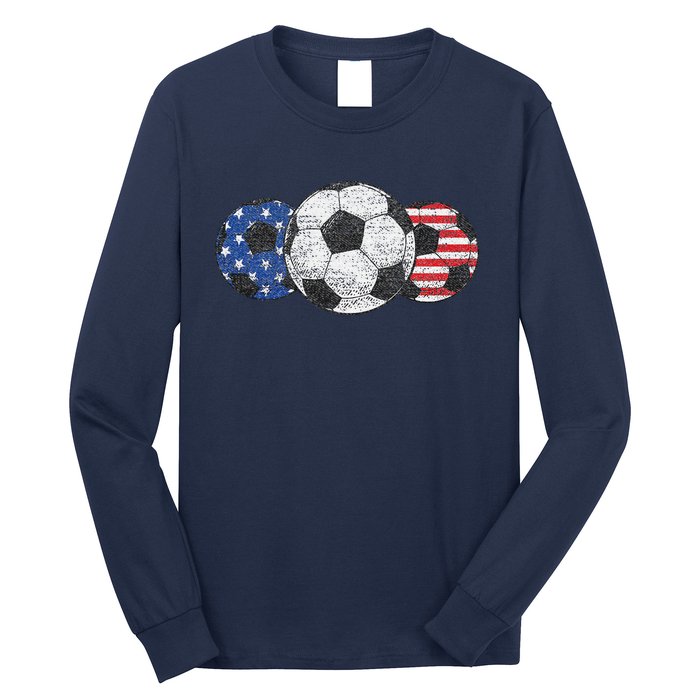 Soccer Red White Blue American Flag 4th Of July Long Sleeve Shirt