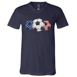 Soccer Red White Blue American Flag 4th Of July V-Neck T-Shirt