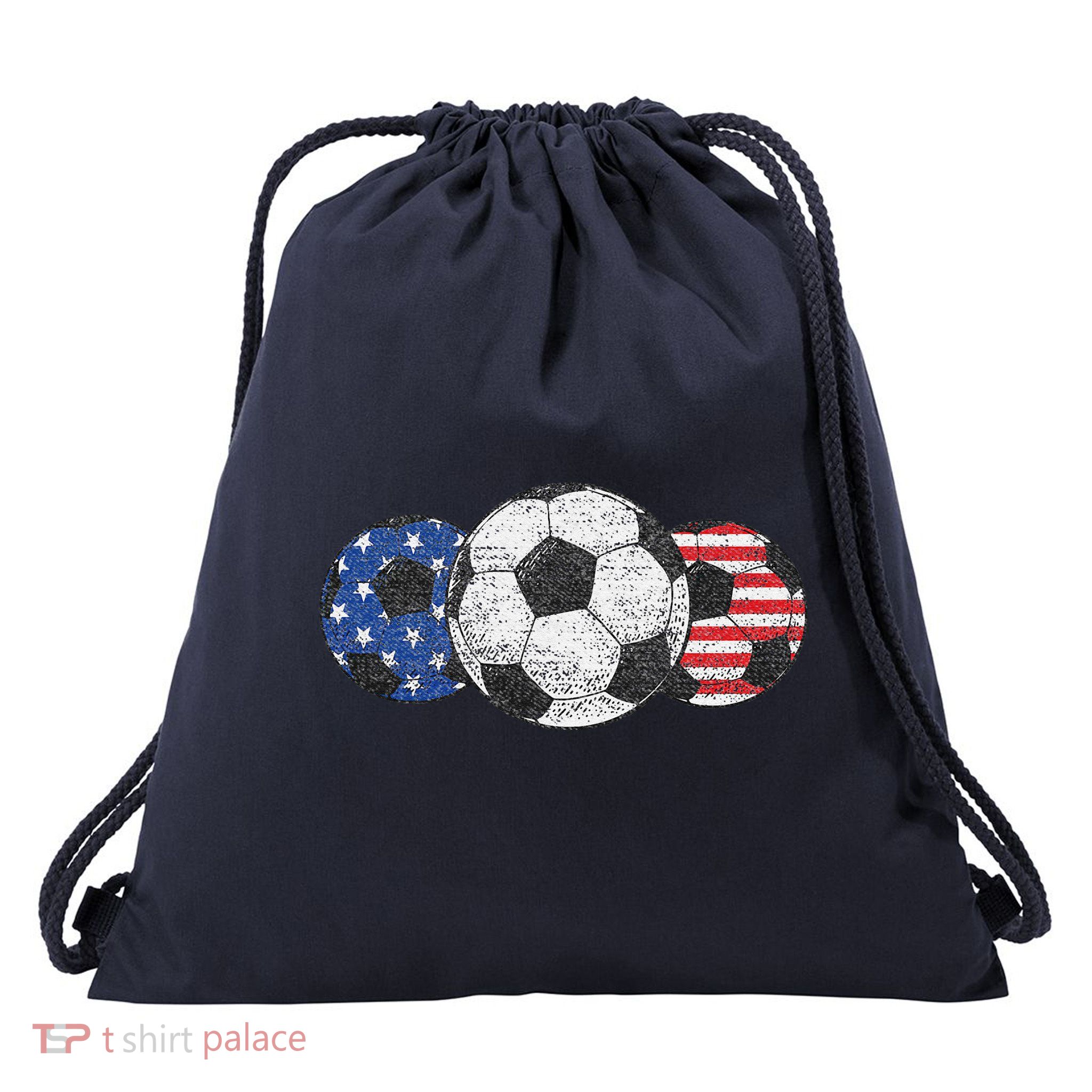 Soccer Red White Blue American Flag 4th Of July Drawstring Bag