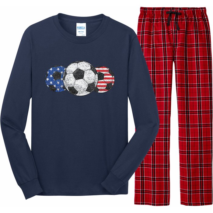 Soccer Red White Blue American Flag 4th Of July Long Sleeve Pajama Set