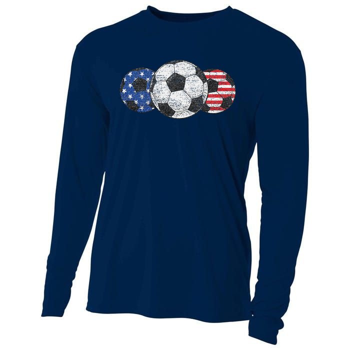 Soccer Red White Blue American Flag 4th Of July Cooling Performance Long Sleeve Crew