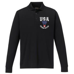 Shuttlecock Red White Blue Patriotic Usa Badminton Performance Long Sleeve Polo