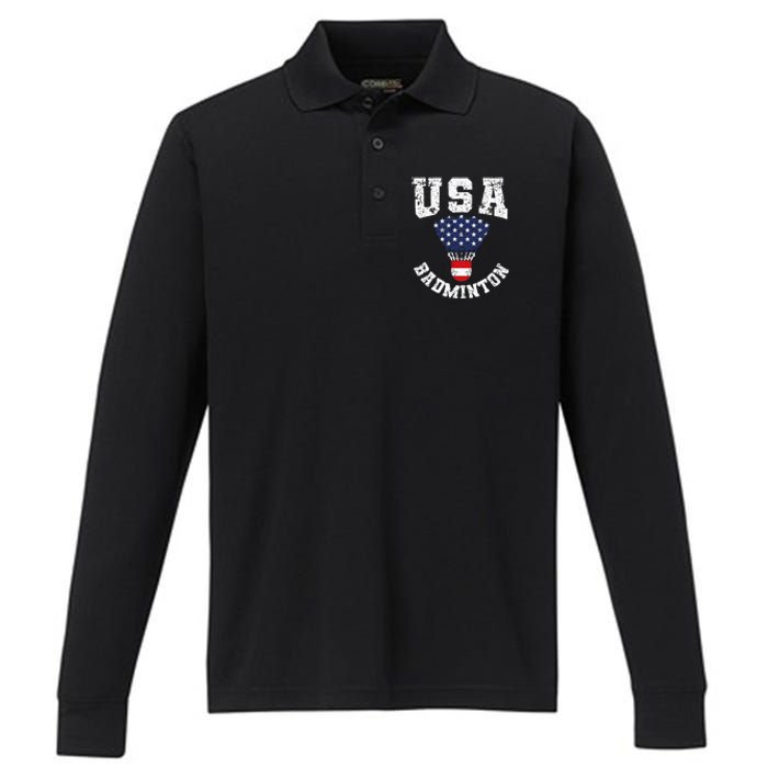 Shuttlecock Red White Blue Patriotic Usa Badminton Performance Long Sleeve Polo