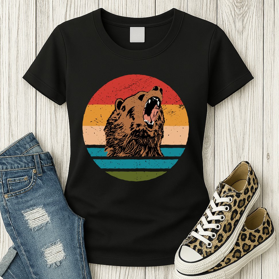 Sunset Retro Wild Bear Womens T-Shirt