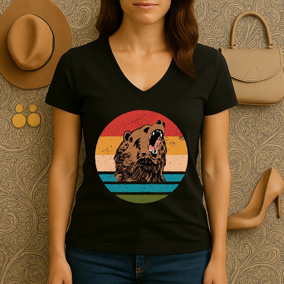Sunset Retro Wild Bear Women's V-Neck T-Shirt