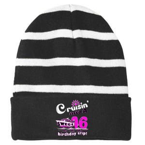 Sweet Sixteen 16th Cruising Into A Birthday Trip Fuchsia Striped Beanie with Solid Band