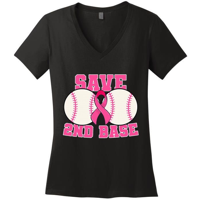 Save Second 2nd Base Breast Cancer Survivor Women's V-Neck T-Shirt