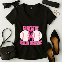 Save Second 2nd Base Breast Cancer Survivor Women's V-Neck T-Shirt