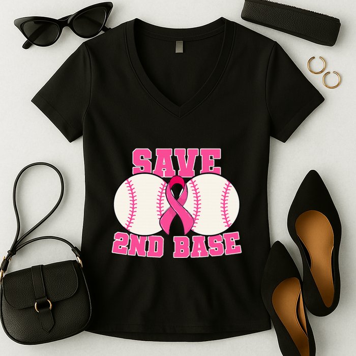 Save Second 2nd Base Breast Cancer Survivor Women's V-Neck T-Shirt