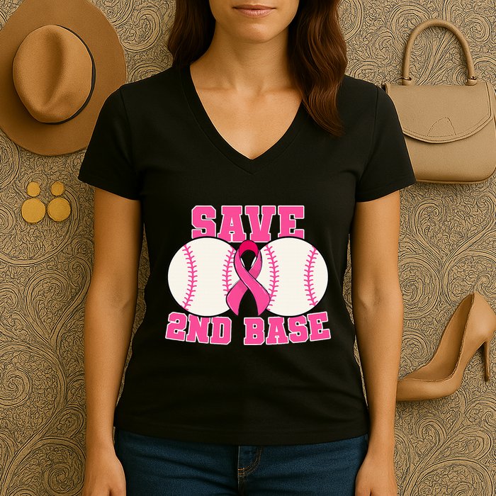 Save Second 2nd Base Breast Cancer Survivor Women's V-Neck T-Shirt