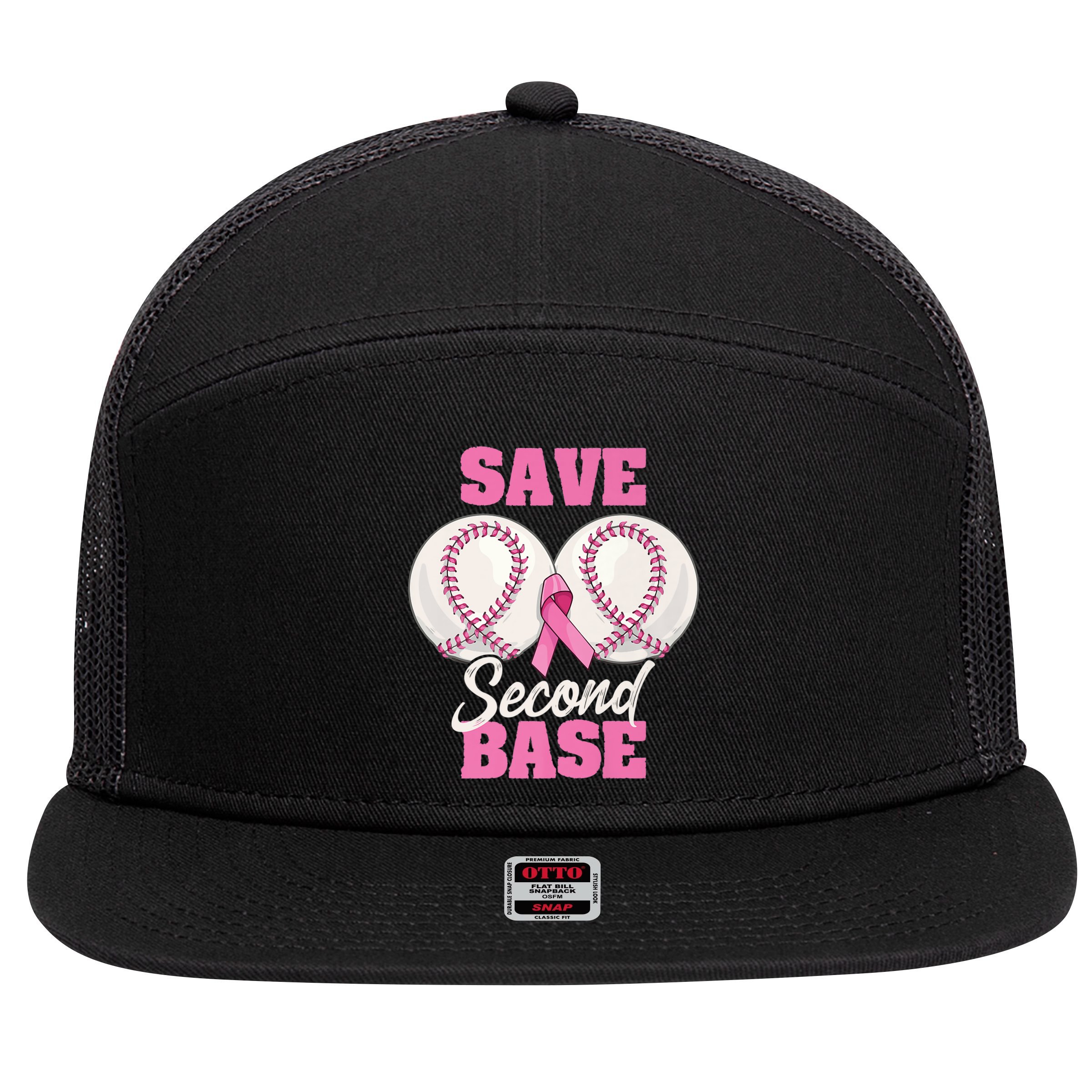 Save Second 2nd Base Funny Baseball Breast Cancer Awareness Premium 7 Panel Mesh Trucker Snapback Hat