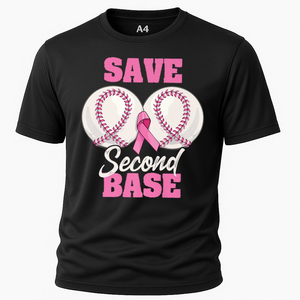 Save Second 2nd Base Funny Baseball Breast Cancer Awareness Premium Cooling Performance Crew T-Shirt