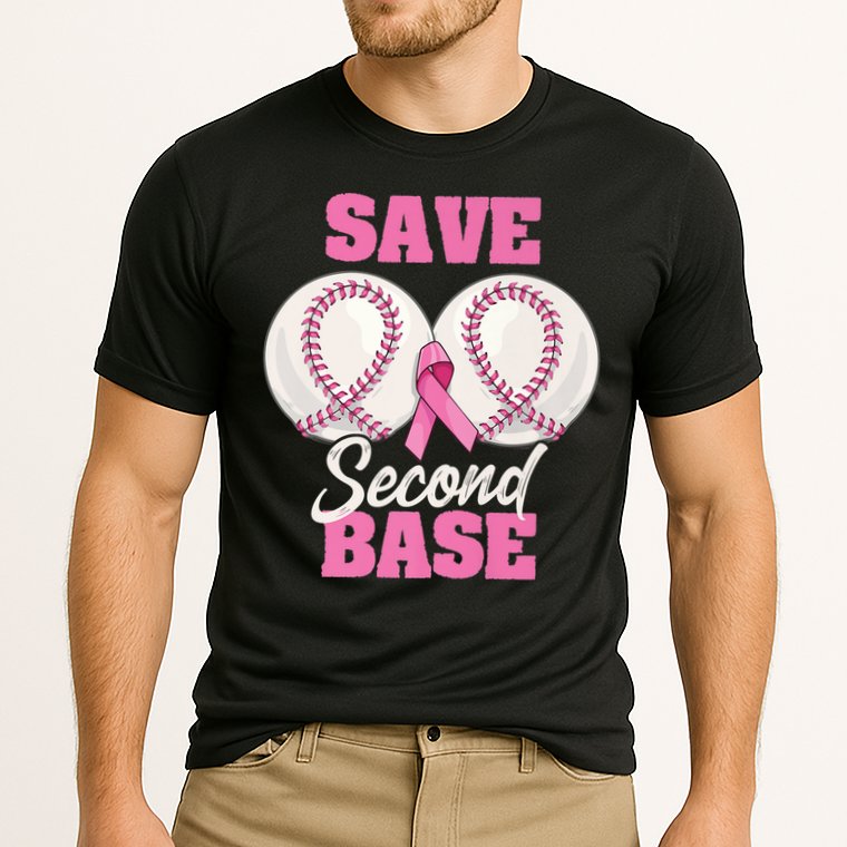 Save Second 2nd Base Funny Baseball Breast Cancer Awareness Premium Cooling Performance Crew T-Shirt
