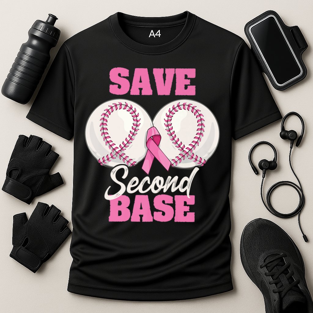 Save Second 2nd Base Funny Baseball Breast Cancer Awareness Premium Cooling Performance Crew T-Shirt