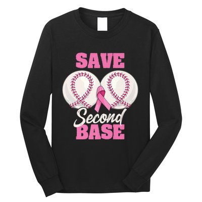 Save Second 2nd Base Funny Baseball Breast Cancer Awareness Premium Long Sleeve Shirt