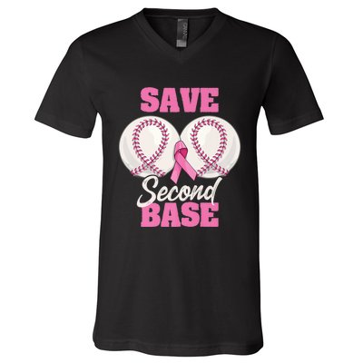 Save Second 2nd Base Funny Baseball Breast Cancer Awareness Premium V-Neck T-Shirt