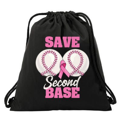 Save Second 2nd Base Funny Baseball Breast Cancer Awareness Premium Drawstring Bag
