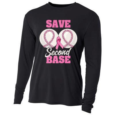 Save Second 2nd Base Funny Baseball Breast Cancer Awareness Premium Cooling Performance Long Sleeve Crew