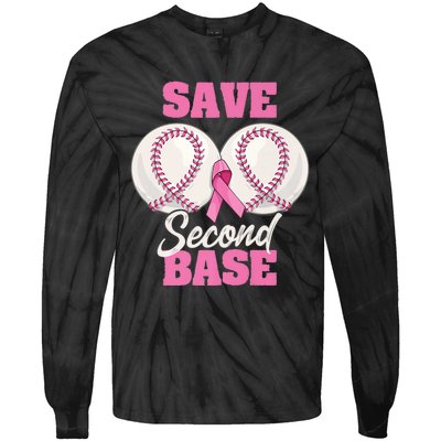 Save Second 2nd Base Funny Baseball Breast Cancer Awareness Premium Tie-Dye Long Sleeve Shirt