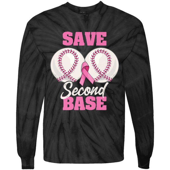 Save Second 2nd Base Funny Baseball Breast Cancer Awareness Premium Tie-Dye Long Sleeve Shirt