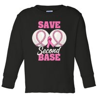 Save Second 2nd Base Funny Baseball Breast Cancer Awareness Premium Toddler Long Sleeve Shirt