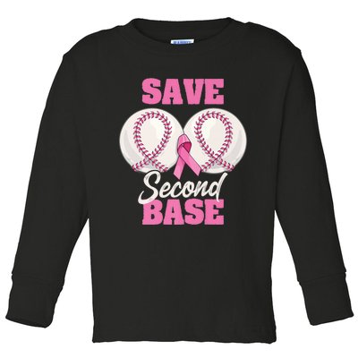 Save Second 2nd Base Funny Baseball Breast Cancer Awareness Premium Toddler Long Sleeve Shirt