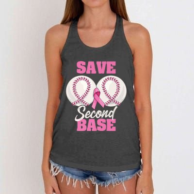 Save Second 2nd Base Funny Baseball Breast Cancer Awareness Premium Women's Knotted Racerback Tank