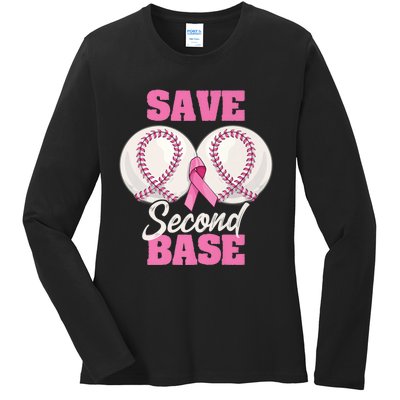 Save Second 2nd Base Funny Baseball Breast Cancer Awareness Premium Ladies Long Sleeve Shirt