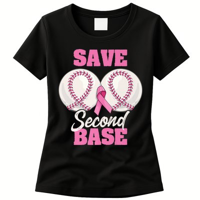 Save Second 2nd Base Funny Baseball Breast Cancer Awareness Premium Womens T-Shirt
