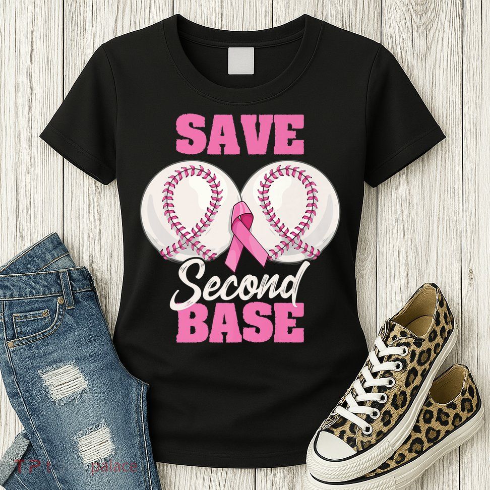 Save Second 2nd Base Funny Baseball Breast Cancer Awareness Premium Womens T-Shirt