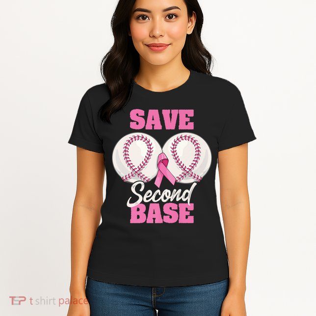 Save Second 2nd Base Funny Baseball Breast Cancer Awareness Premium Womens T-Shirt