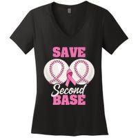 Save Second 2nd Base Funny Baseball Breast Cancer Awareness Premium Women's V-Neck T-Shirt