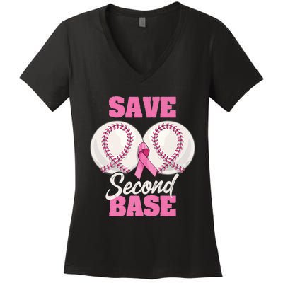 Save Second 2nd Base Funny Baseball Breast Cancer Awareness Premium Women's V-Neck T-Shirt