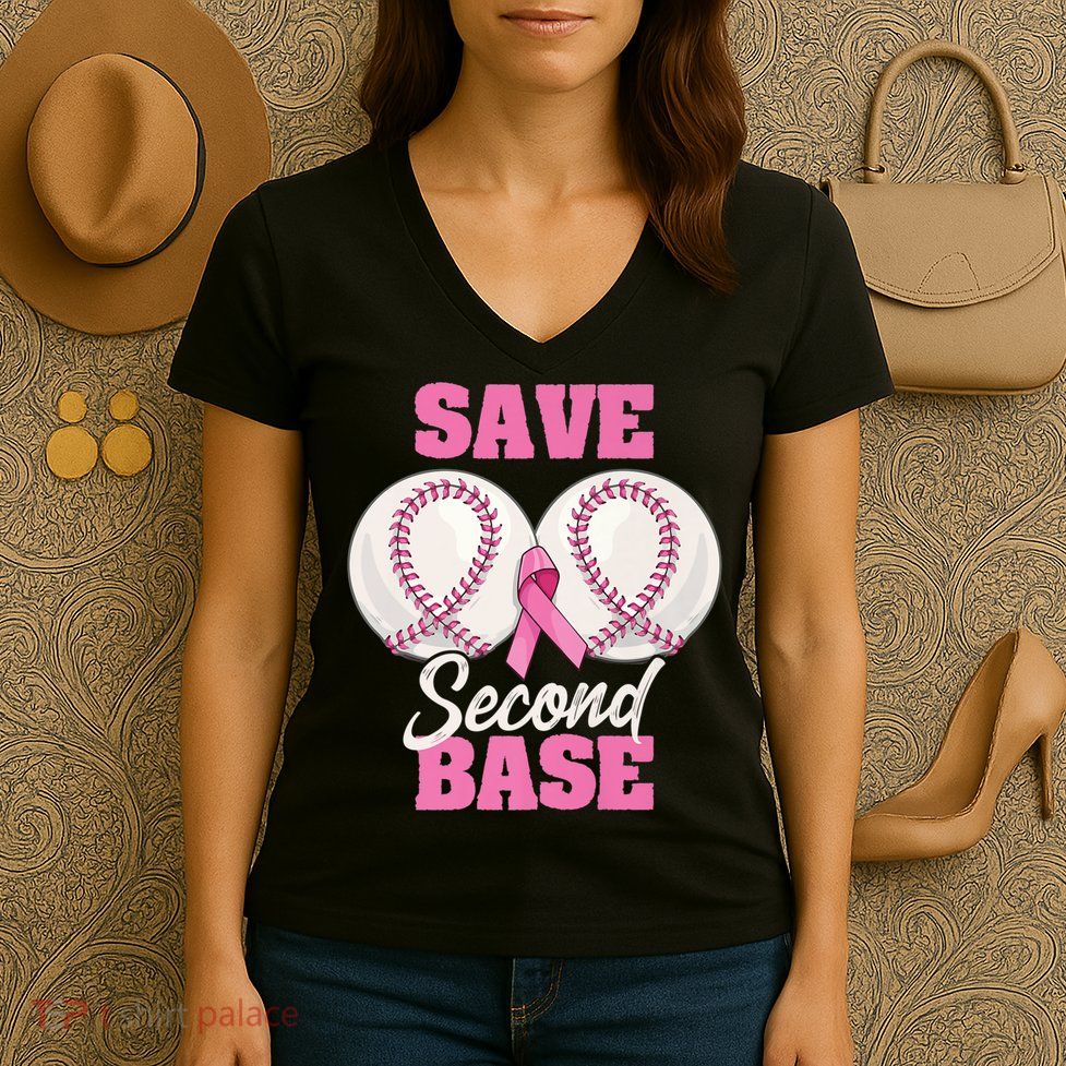 Save Second 2nd Base Funny Baseball Breast Cancer Awareness Premium Women's V-Neck T-Shirt