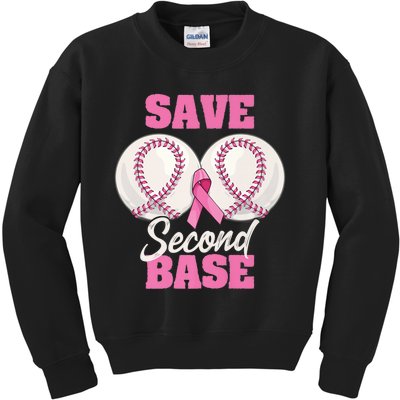 Save Second 2nd Base Funny Baseball Breast Cancer Awareness Premium Kids Sweatshirt