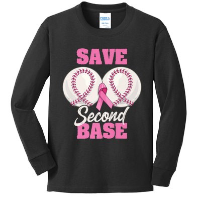 Save Second 2nd Base Funny Baseball Breast Cancer Awareness Premium Kids Long Sleeve Shirt