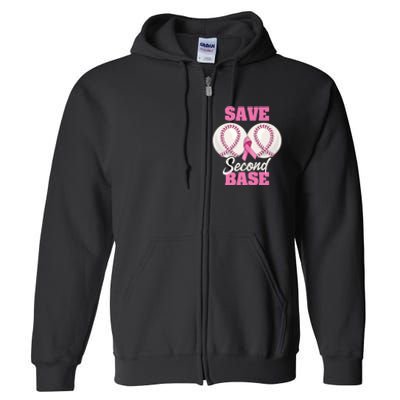 Save Second 2nd Base Funny Baseball Breast Cancer Awareness Premium Full Zip Hoodie