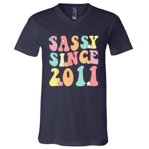 Sassy Since 2011 Groovy Retro Birthday Women V-Neck T-Shirt