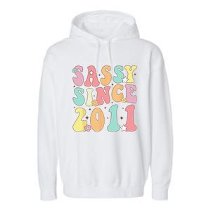 Sassy Since 2011 Groovy Retro Birthday Women Garment-Dyed Fleece Hoodie